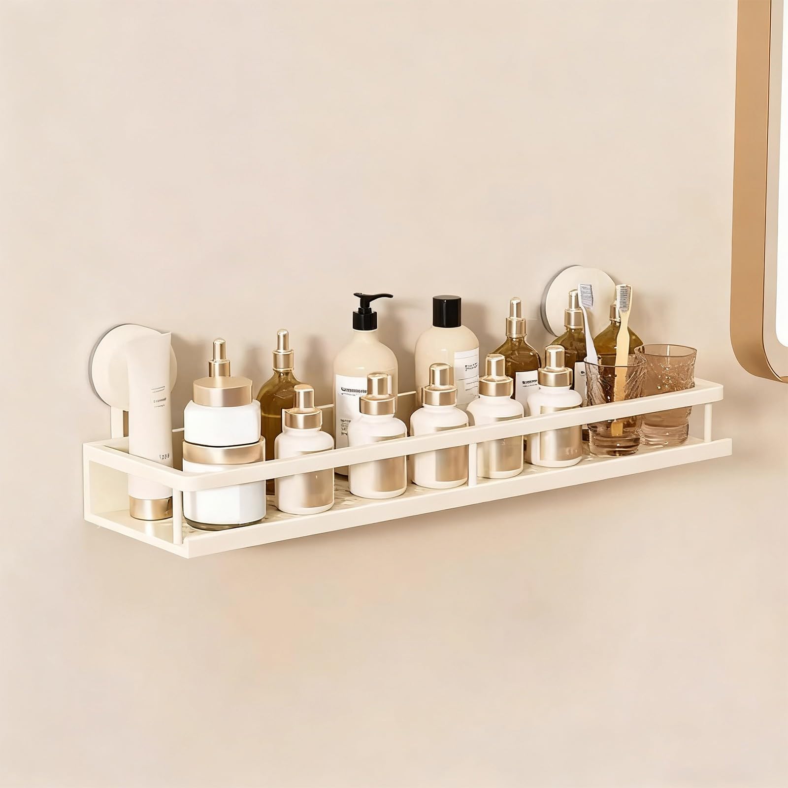 Beige Shower Caddy Suction Cup, Rustproof & Fast Draining Heavy Duty Bathroom Shelves Large Capacity Wall-Mounted Shower Shelves With Hooks, For Kitchen, Bathroom(,60Cm)