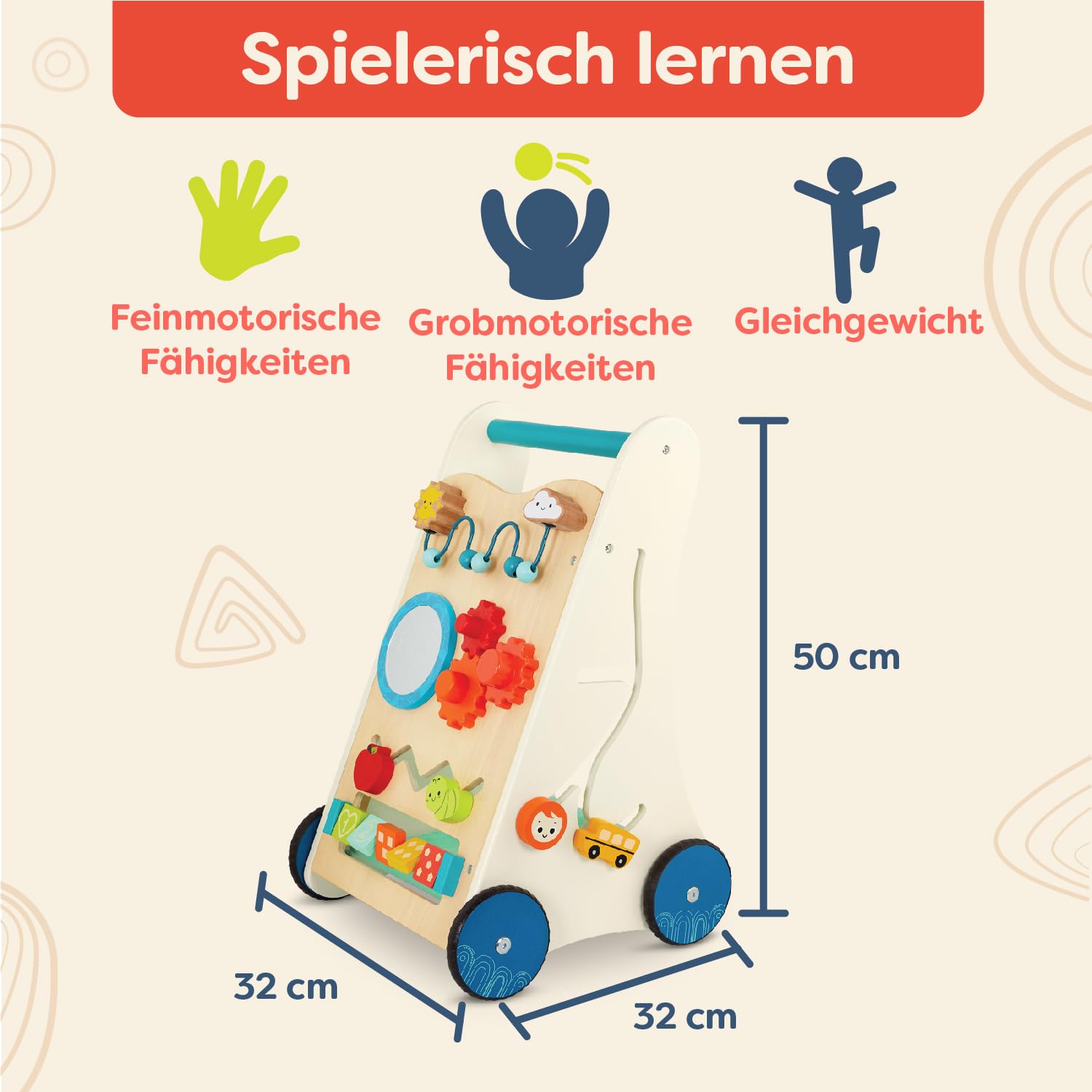 B. toys - Kleine Lernschritte - Activity Walker aus Holz - 7 Bildungsaktivitäten - Lern- und Laufspielzeug für Kleinkinder, Kinder - Stehen, Schieben, Gehen - 1 Jahr +