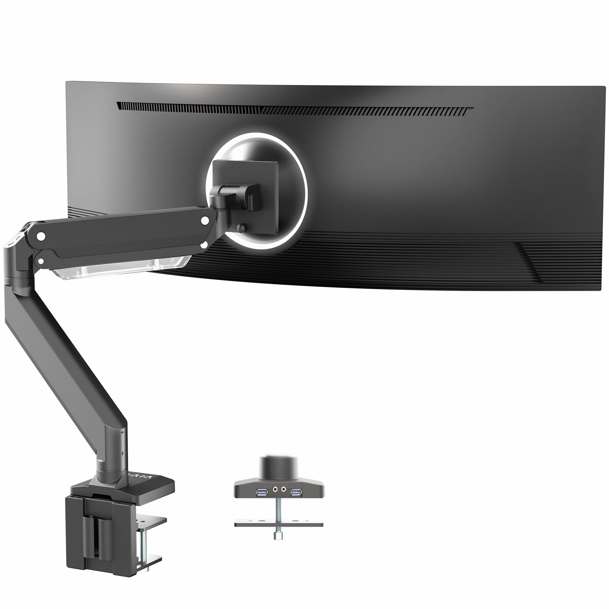 VIVO Premium Aluminum Heavy Duty Monitor Arm with 3.0 USB Ports, Fits Ultrawide Monitors up to 49 inches and 15kg, Single Desk Mount Stand, Pneumatic Height, Max VESA 100x100, Black, STAND-V101G1U