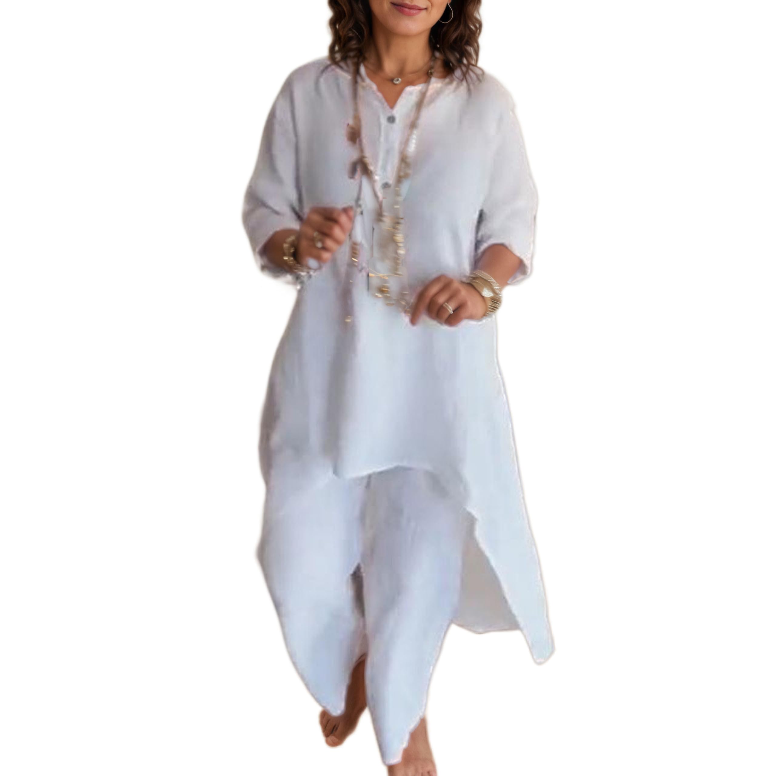 Women 2 Piece Linen Set Solid Color Long Sleeve Irregular Hem Top and Wide Leg Pants Trousers Suits