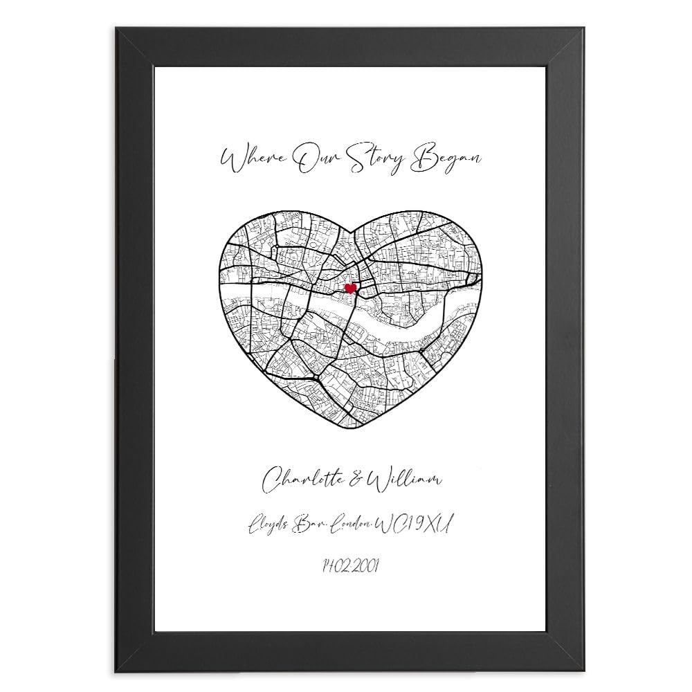 Personalised Heart Map Print | Special Location Gift for Couples - Valentines Gifts For Her, Romantic Gift For Him, Annniversary, Wedding, Birthday, Custom A5, A4 or A3 With Optional Framed Unframed