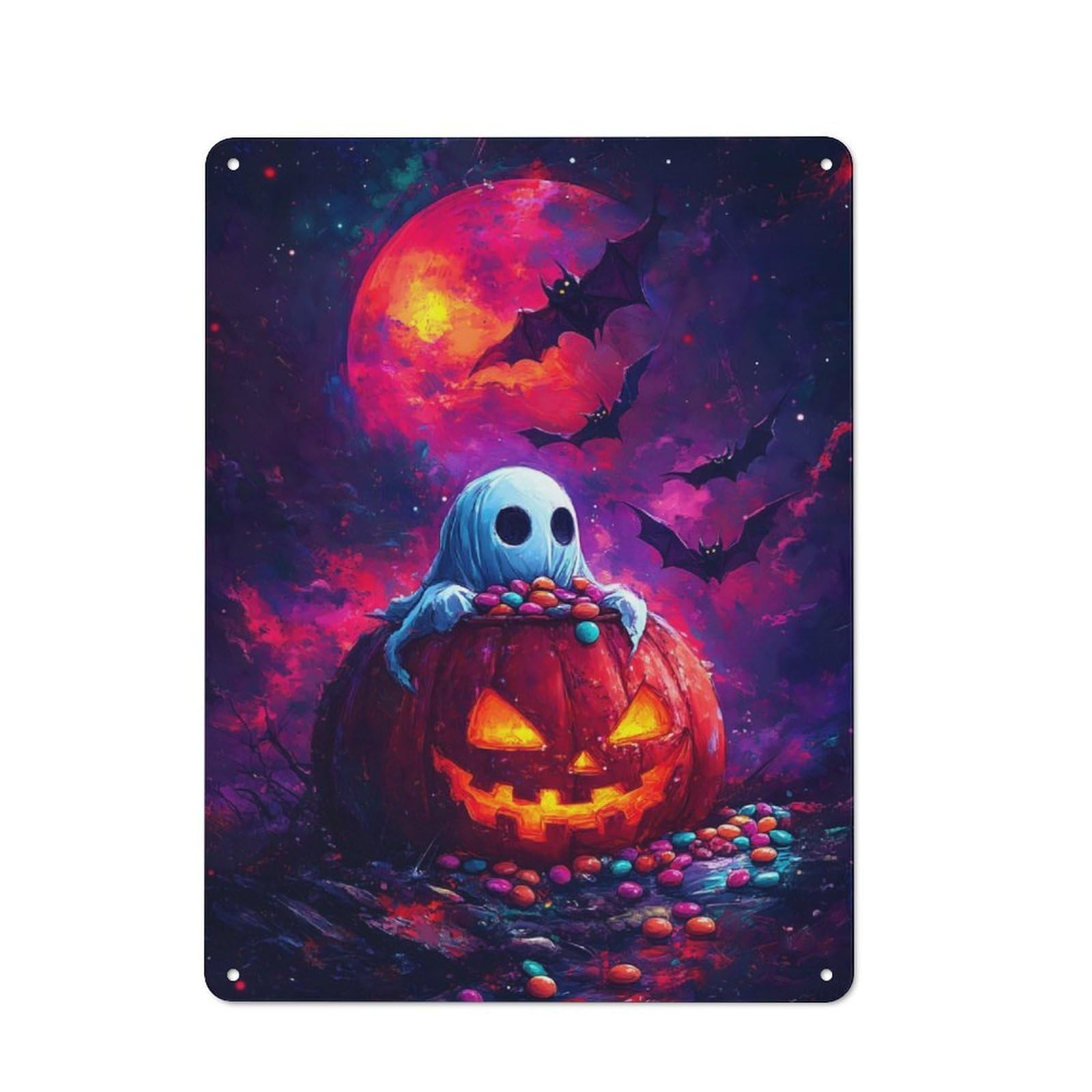 Junmoney Ghost In Pumpkin Metal Wall Sign 40X30cm Featuring For Café Or Restaurant, For An Autumn Wall Display In Café And Restaurant