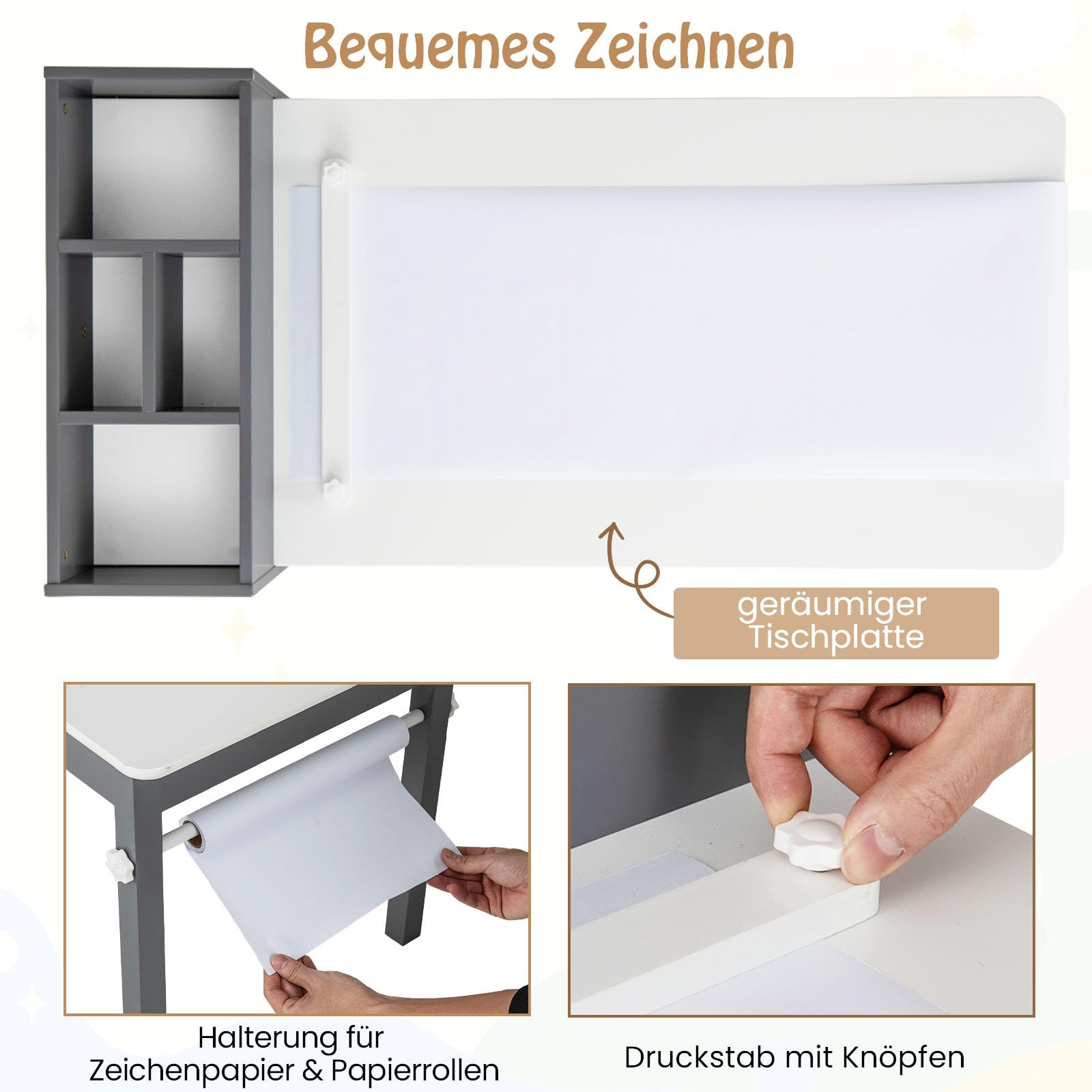 COSTWAY Stół dziecięcy z 2 krzesłami, zestaw mebli do siedzenia dla dzieci 2 w 1, z drewna z miejscem do przechowywania, zestaw krzeseł dla dzieci z uchwytem na rolki papieru i 4 pojemnikami z