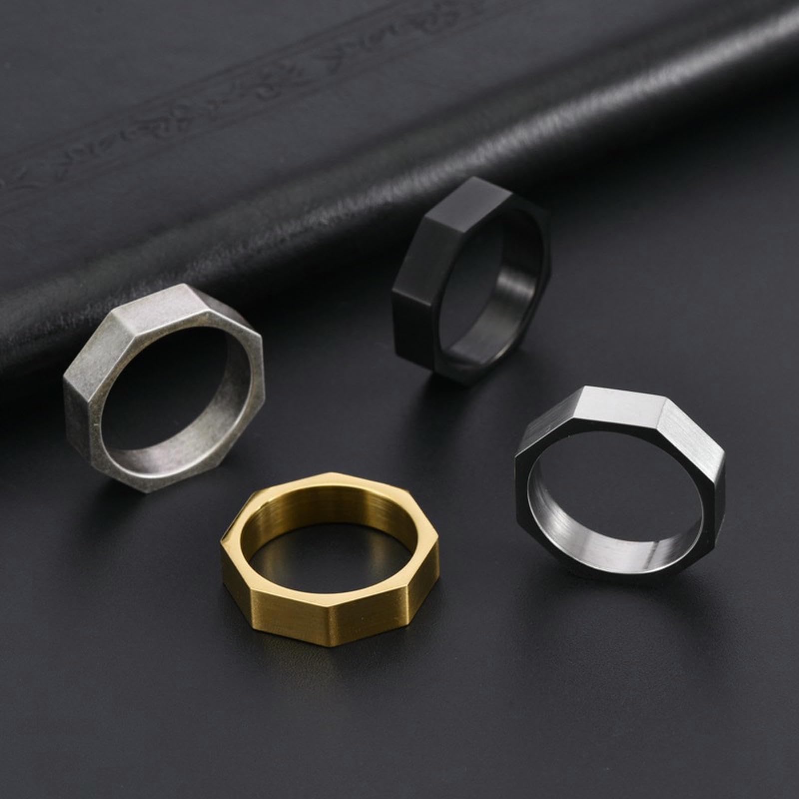 WBDWWTD Achteckiger Ring aus gebürstetem Titanstahl für Männer, urbaner minimalistischer Schmuck, graviertes geometrisches Band, Geschenk für Männer
