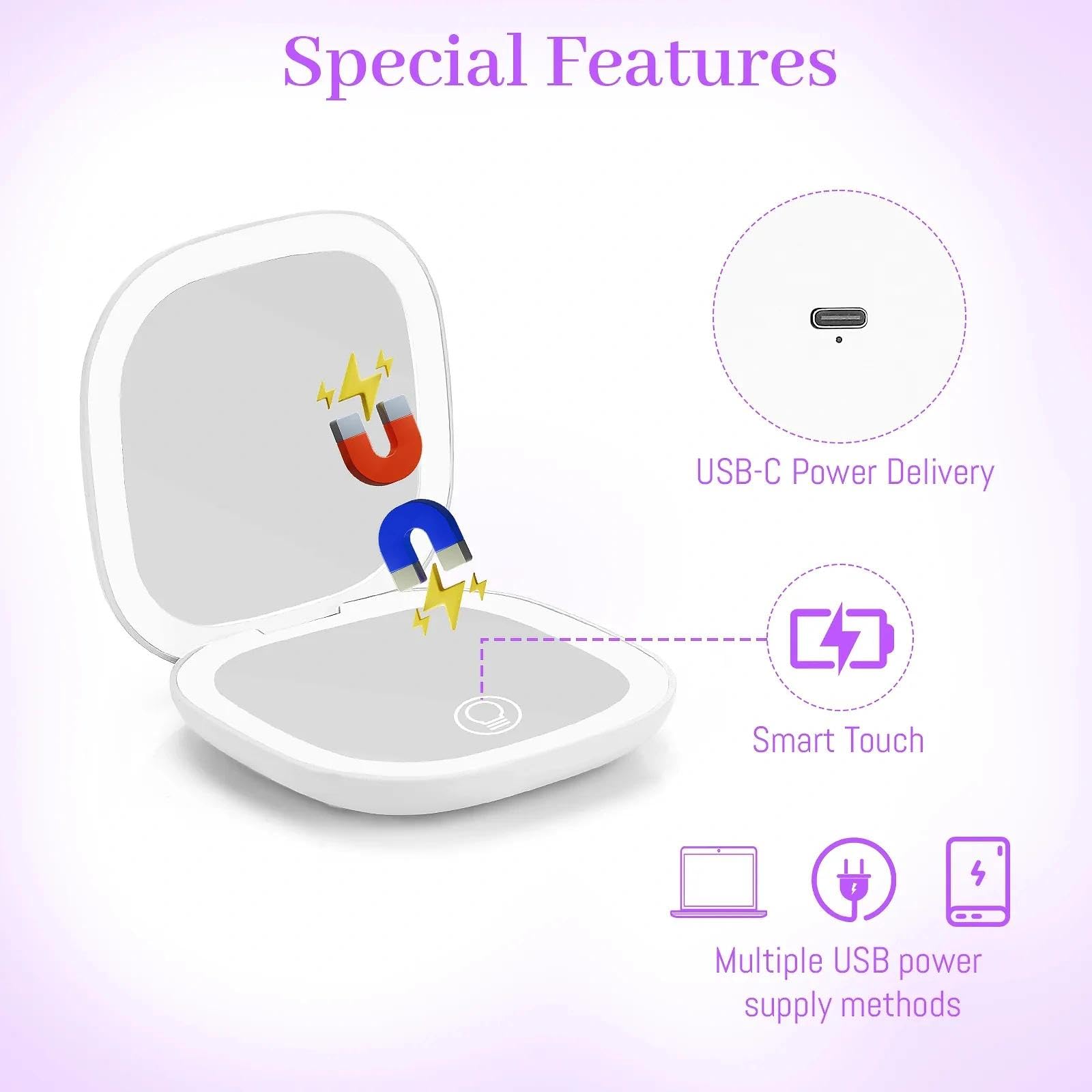 Collazoey LED Specchio Ingranditore, 1X/10X Specchietto da Borsetta, Chargement par USB, 3 Luci Regolabile Portatile Specchio da Viaggio, Interruttore Magnetico Pieghevole Piccolo Mirror (Bianco)