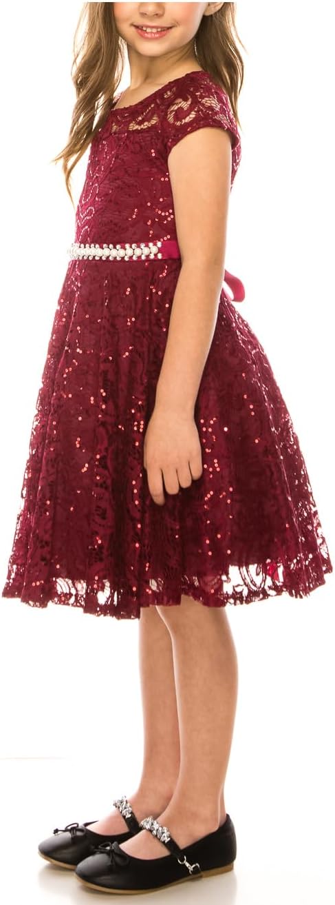iGirlDress Cap Sleeve Floral Lace Glitter Pearl Holiday Party Flower Girl Dress Size4-14