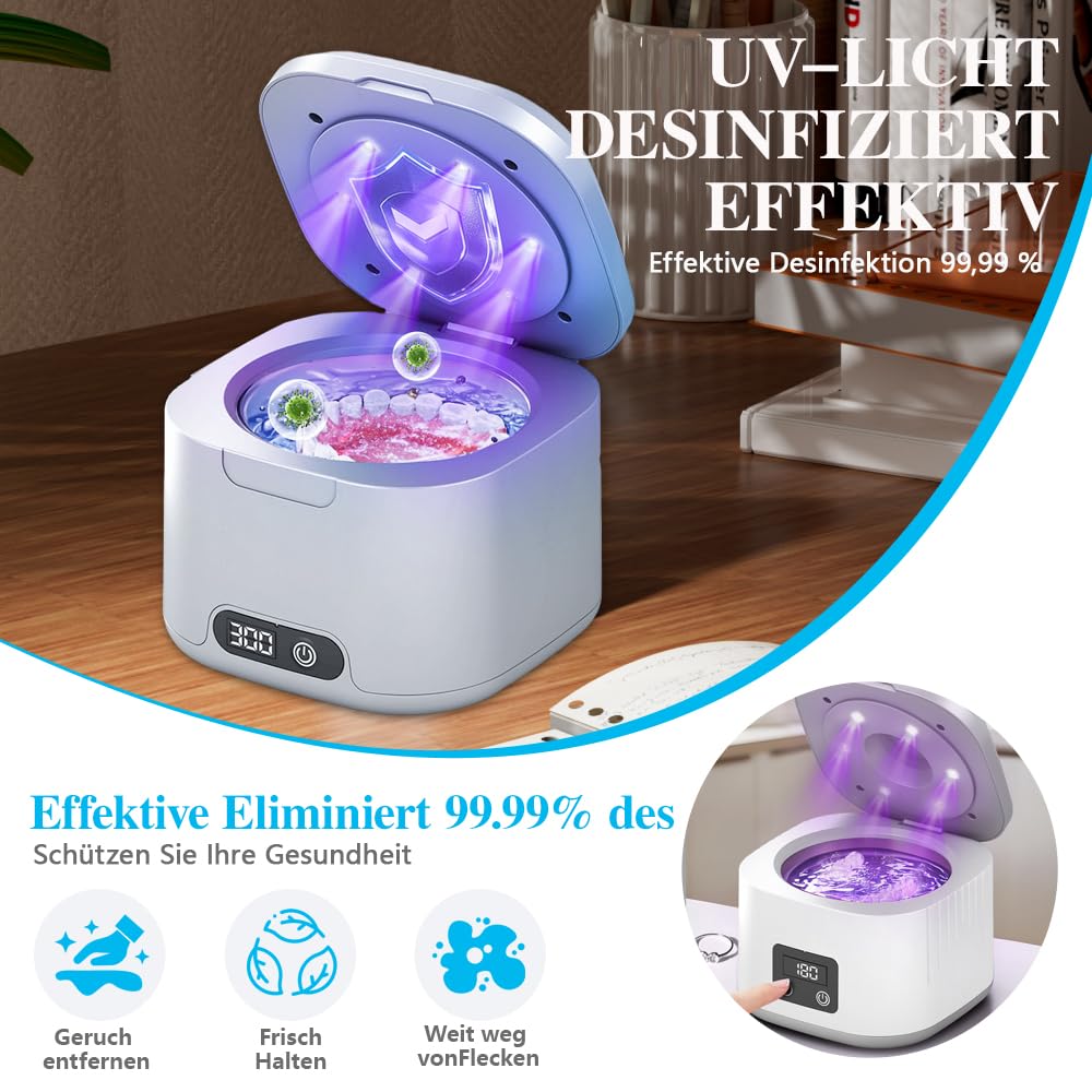 Dispositivo per la pulizia ad ultrasuoni, 50000 Hz, con 6 luci UV e 4 modalità, 340 ml, pulitore ad ultrasuoni, per protesi, per la pulizia a ultrasuoni, per la pulizia a ultrasuoni, per la testa