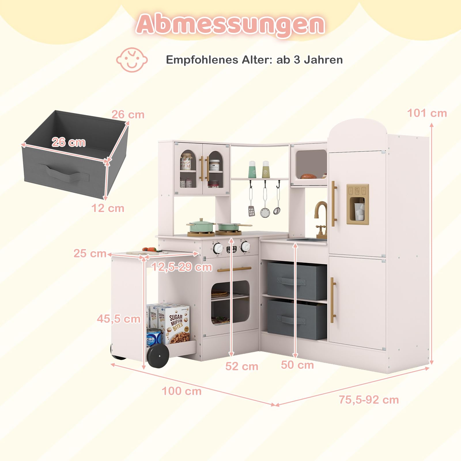 GOPLUS Kinderküche, Spielküche Holz mit Licht & Sound, Eck Puppenküche mit ausziehbarem Wagen, Stoffkörben, Spüle, Herd, Kühlschrank, Ofen & Zubehör, Spielzeugküche für Kinder ab 3 Jahren (Rosa)
