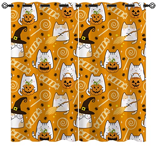 Halloween Party Blackout Curtains for Girls Boy Home Decor, Cat Pumpkin Cartoon Cute Spider Orange Grommet Thermal Insulated Drapes Darkening Window Curtain for Bedroom Living Room, 63 x 63 Inch