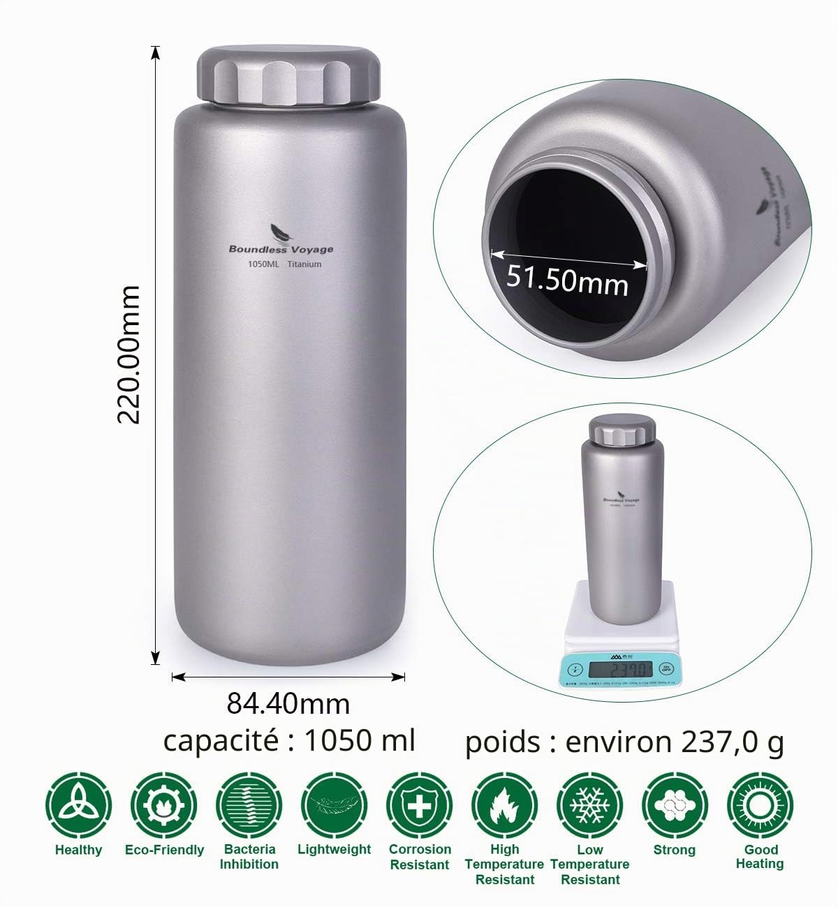 Boundless Voyage en Plein Air 1050ml Titane Bouteille d'eau Antifuite Camping Pique Nique Randonnée Vélo Ultra Léger Thé Café Cantine Tasse Vaisselle