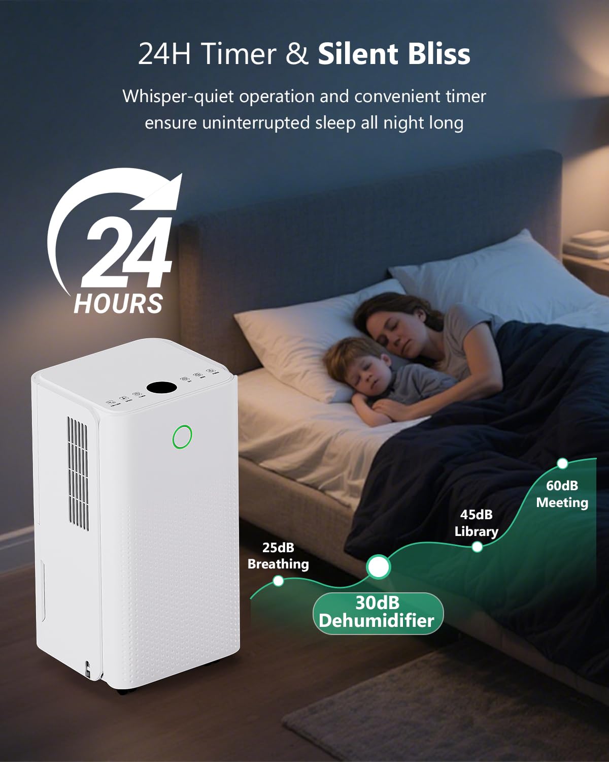 Deshumidificateur d Air 12 Litres/24h, Déshumidificateur Électrique avec 3 Modes, Silencieux, Minuterie de 24h, Drainage Continu, Roues 360°, Efficace Contre l'Humidité pour Maison/Appartement/Cave