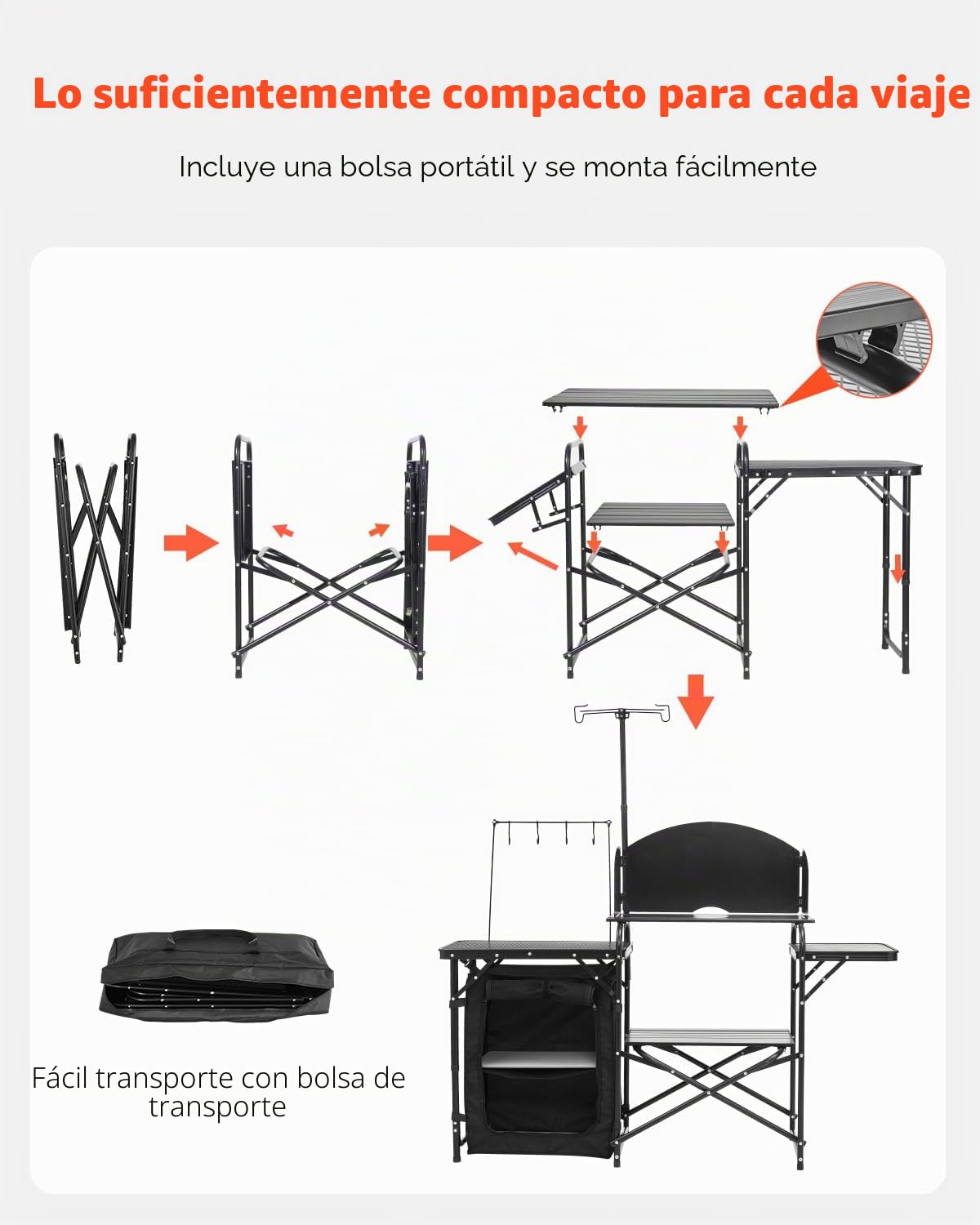 VEVOR Mesa de Cocina para Acampar al Aire Libre, de Aluminio, con Armario de Almacenamiento, Bolsa de Transporte, Parabrisas Desmontable, Apto para Barbacoa, Fiesta, Pícnic, Viajes en RV, Negro