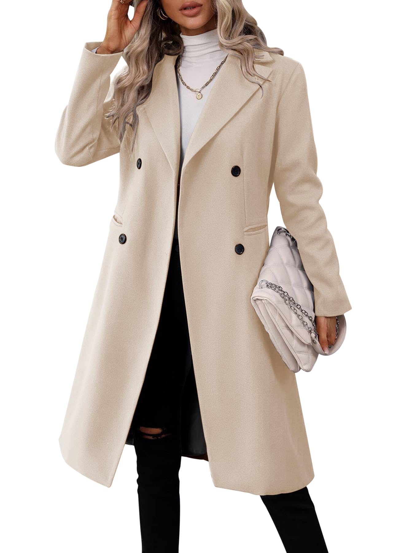 Womens Long Double Breasted Coats Lapel Collar Pea Coat Winter Slim Fit Jackets Trench Coat Outwear
