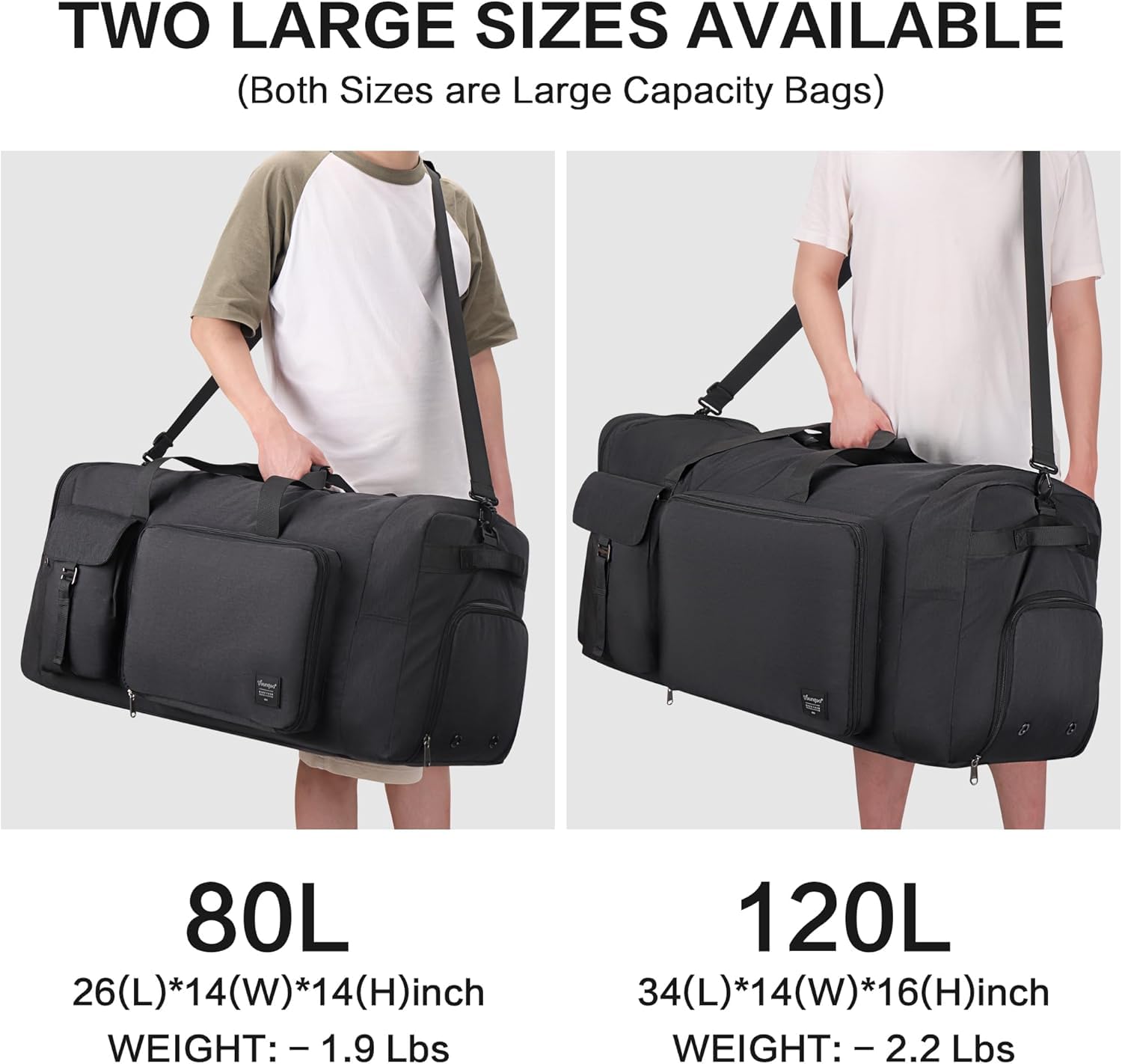 YOUNGOA 120L Borsone da Viaggio Pieghevole per Uomo e Donna, Grande Borsa Palestra con Scomparto per Scarpe, Borsa Sportiva Leggera e Impermeabile, Nero