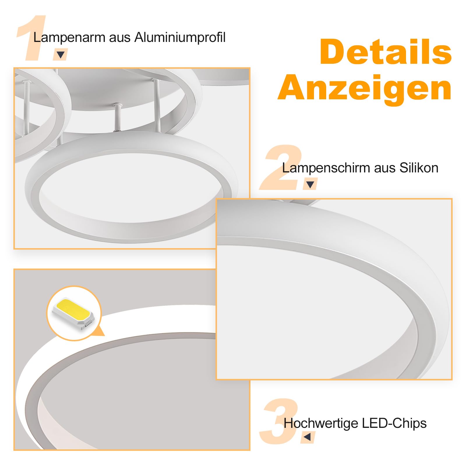 Qamra LED Deckenleuchte, 60 W Weiße Deckenlampe, 4000 K Deckenleuchte, 53 cm Runde Moderne 4-Ring-Deckenleuchte Für Wohnzimmer, Schlafzimmer Und Küche
