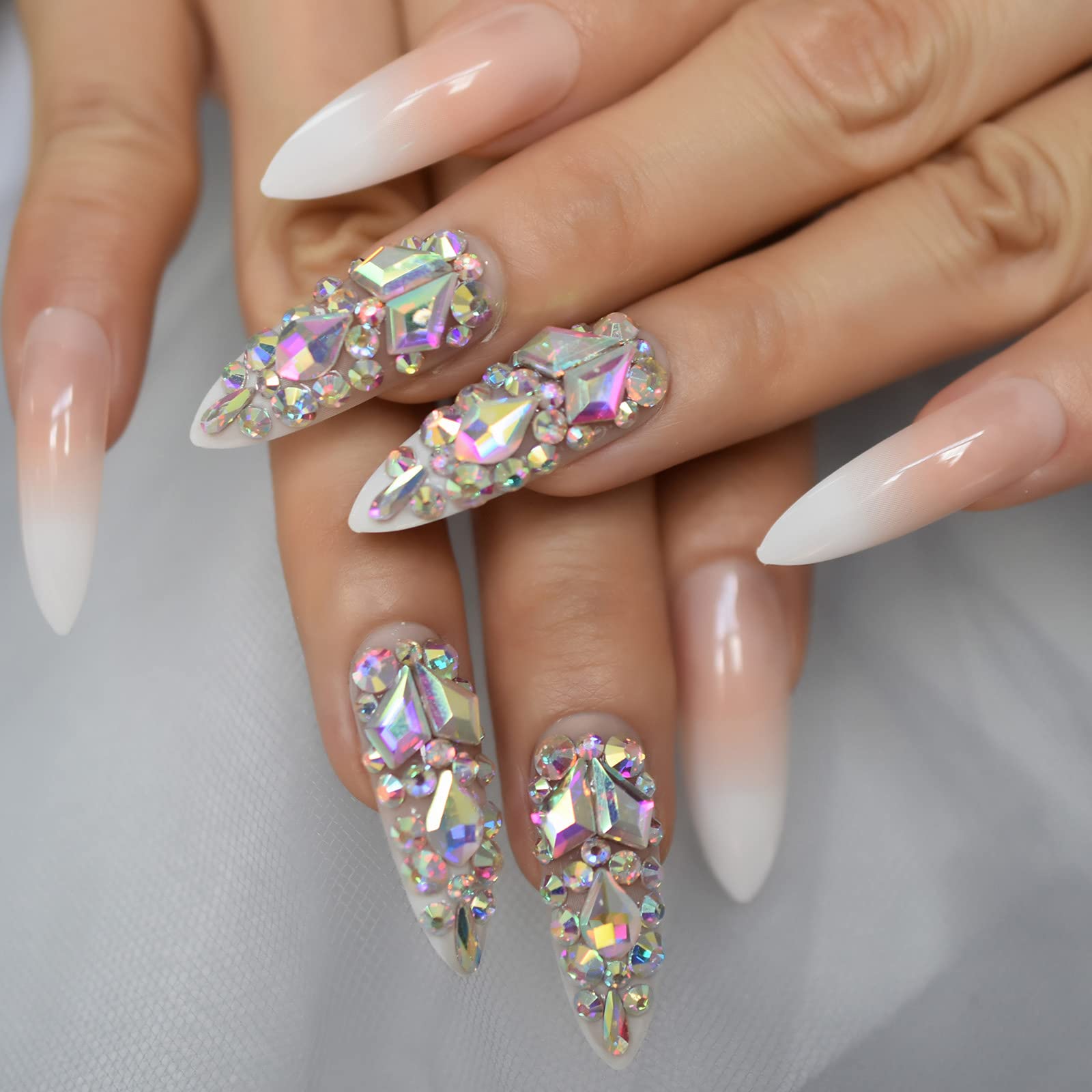Amazon.com: Ombre Pink Fake Press On Nails 3d Extra Long Stiletto  Artificial Jewelry Full Cover False Nail With Rhinestones Luxury Bridal  Wedding Professional Nail Art Salon : Beauty & Personal Care