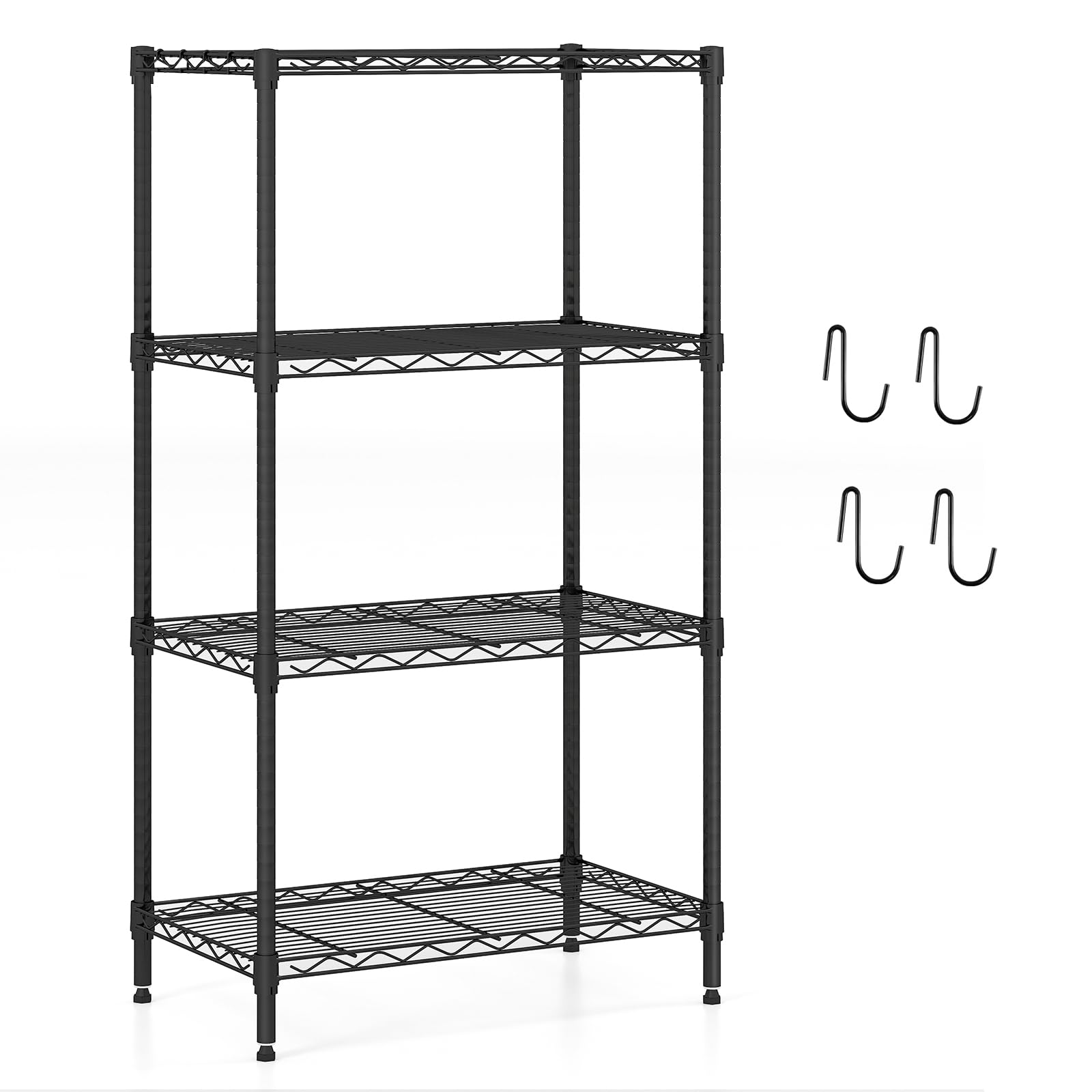 COSTWAY 3/4/5/6-Tier Metal Shelving Unit, Adjustable Wire Storage Shelves with V-shaped Shelving Rack & 4 Hooks, Narrow Utility Storage Shelf for Home Kitchen Garage (59 x 34 x 108cm, 4)