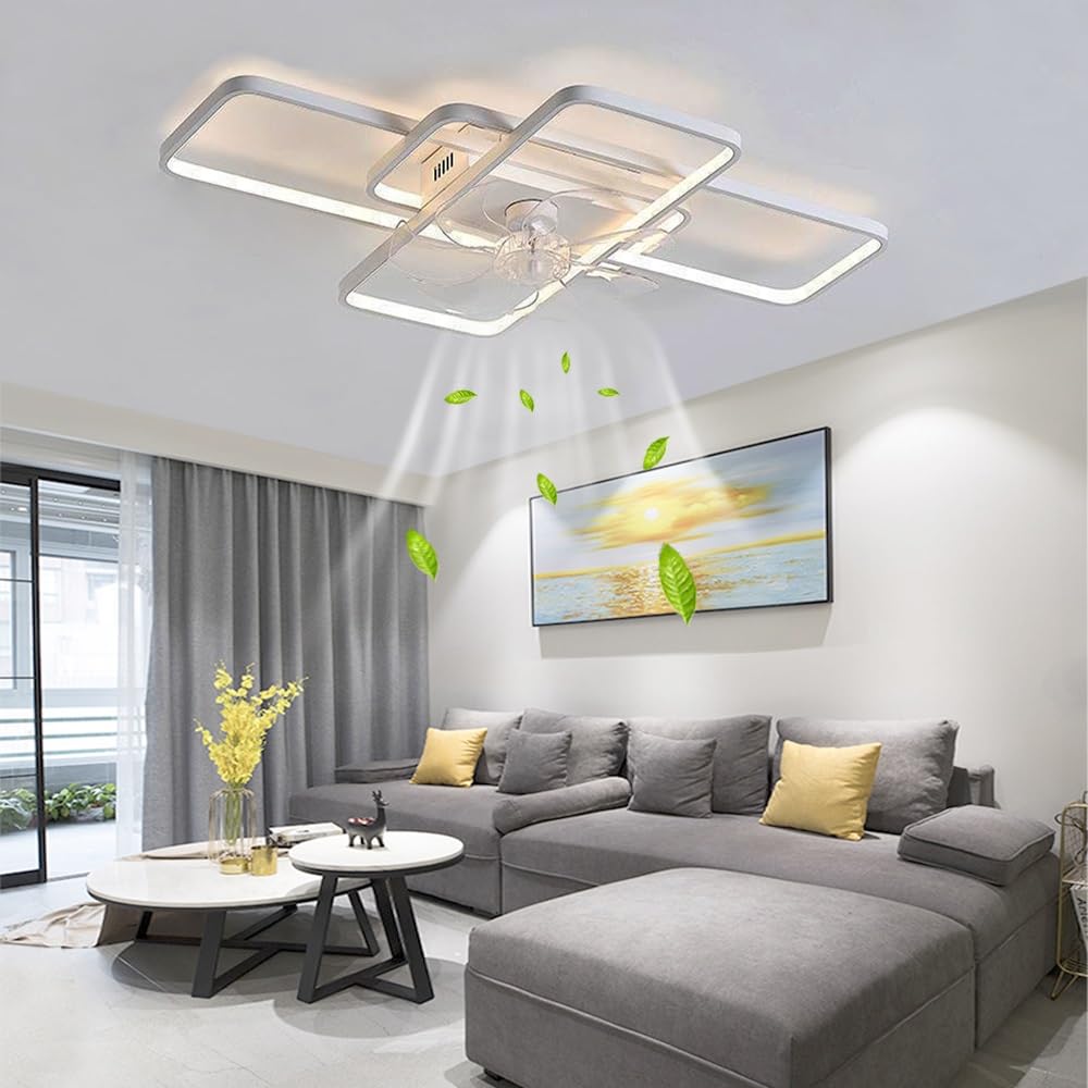 JOJOM Nowoczesna lampa sufitowa z wentylatorem LED Ściemnialna prostokątna lampa sufitowa Metalowe oświetlenie akrylowe Pokój dzienny Sypialnia Kuchnia Oświetlenie biurowe, z pilotem zdalnego sterowan