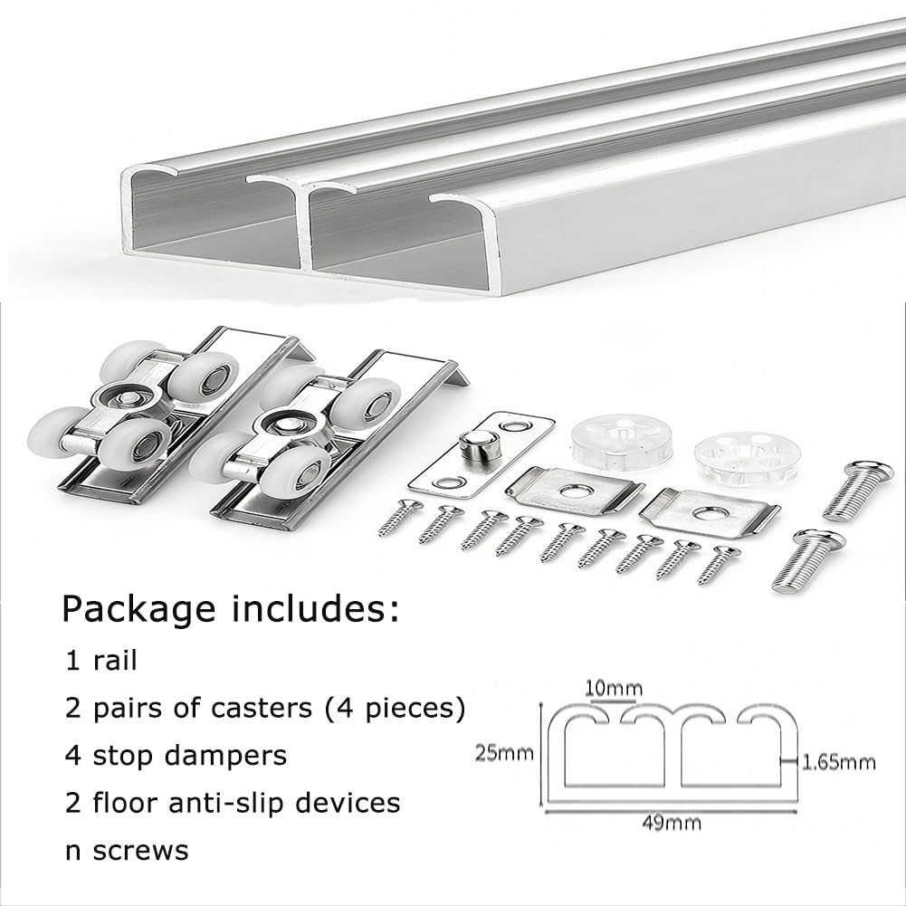 Rail Porte Coulissante Double Plafond, Systeme Porte Coulissante Invisible, Quincaillerie Kit de Rail pour Placard, Salle de Bain et Grange - Capacité de Charge 60 KG