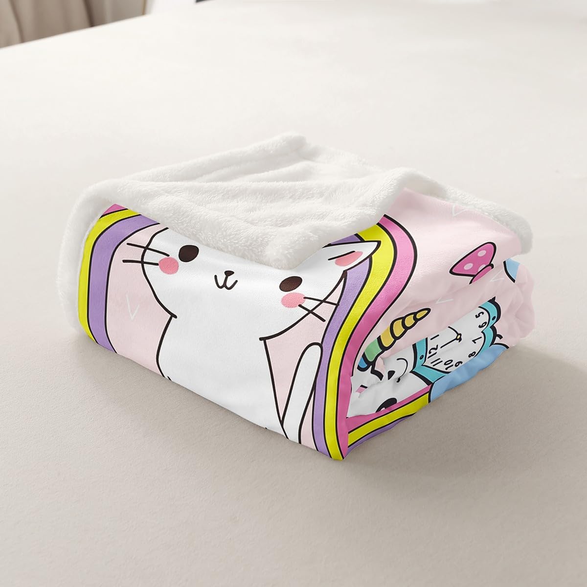 Feelyou Unicorn Fleece Throw Blanket Cartoon Unicorn Cat Printed Sherpa Blanket Kids Toddler Girls Cute Kitten Pattern Plush Blanket Rainbow Unicorn Fuzzy Blanket for Sofa Bed Couch 50"x60"