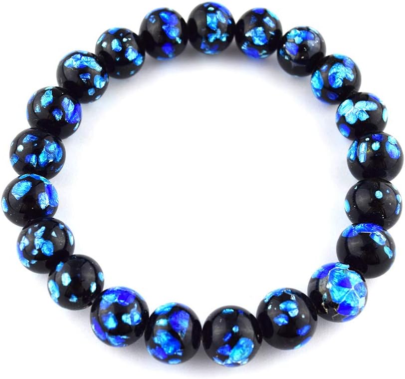 Black Onyx & Pink Blue Ryukyu Fluorite Glass Bracelet Gemstone Elastic Stretch Bracelet Japan Juzu Buddhist Prayer beads Gifts