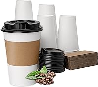 Vista 25 de RACETOP Paquete de 50 tazas de café de papel desechables de 16 onzas con tapas y mangas, vasos de papel desechables blancos, tazas calientes