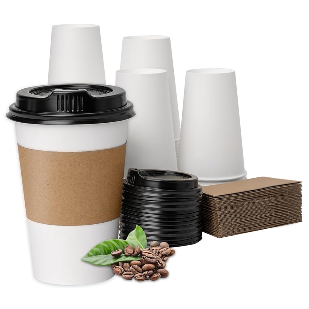 RACETOP 12 oz 100 Pack Disposable Paper Coffee Cups with Lids and Sleeves, Hot Cups, Paper Cups with Lids, Ideal for Home/Office