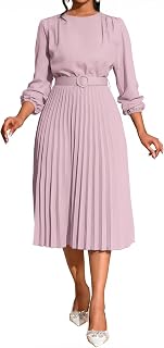 Elainone Women Pleated Midi Dress Long Sleeve Semi Formal Dress