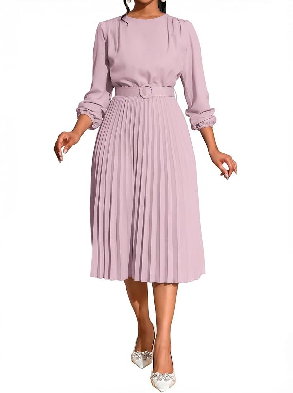 Elainone Women Pleated Midi Dress Long Sleeve Party Wedding Guest Pleated Dress Semi Formal Business Casual Dresses Pink L by Elainone - Used condition - US$44.30