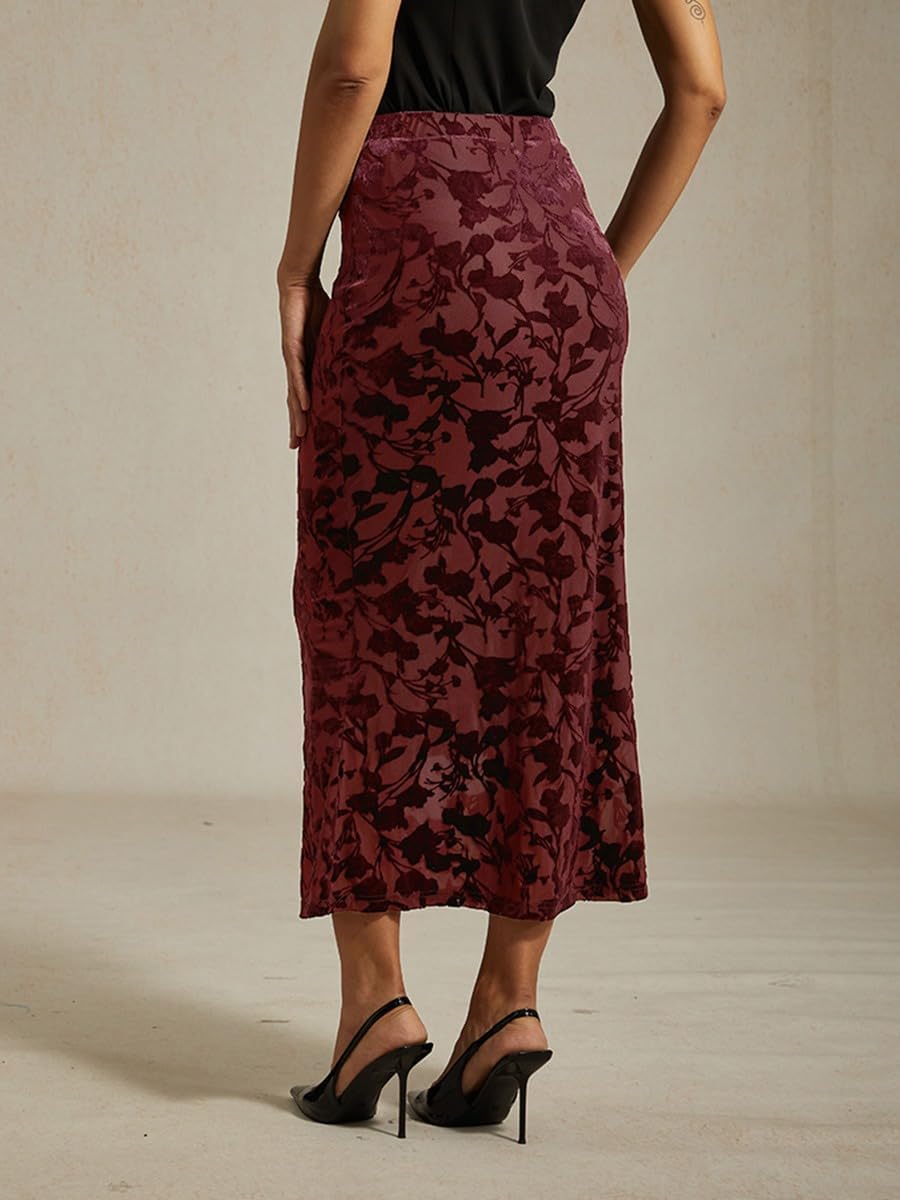 Women's High Waist Velvet Floral Mermaid Maxi Skirt Elegant Bodycon Fishtail Long Skirts for Evening Party