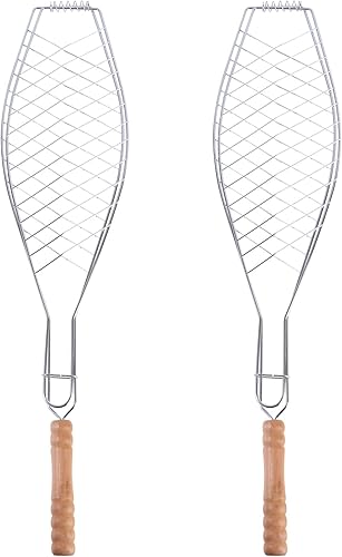 Miniatura 1 de UPKOCH 2 cestas antiadherentes para parrilla de pescado con mango de madera, clip de malla metálica para barbacoa al aire libre, campamento, picnic,