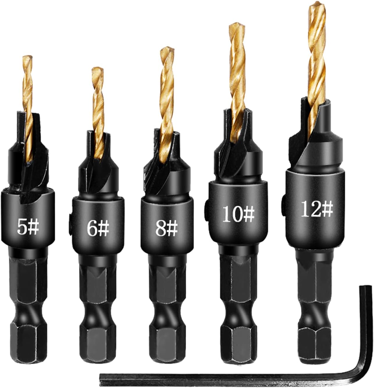 Countersink Drill Bit Set, 5pcs Counter Sinker Drill Bits, Hex Shank Reamer Chamfer Countersink Tools, 1/4 with Hex Key Wrench