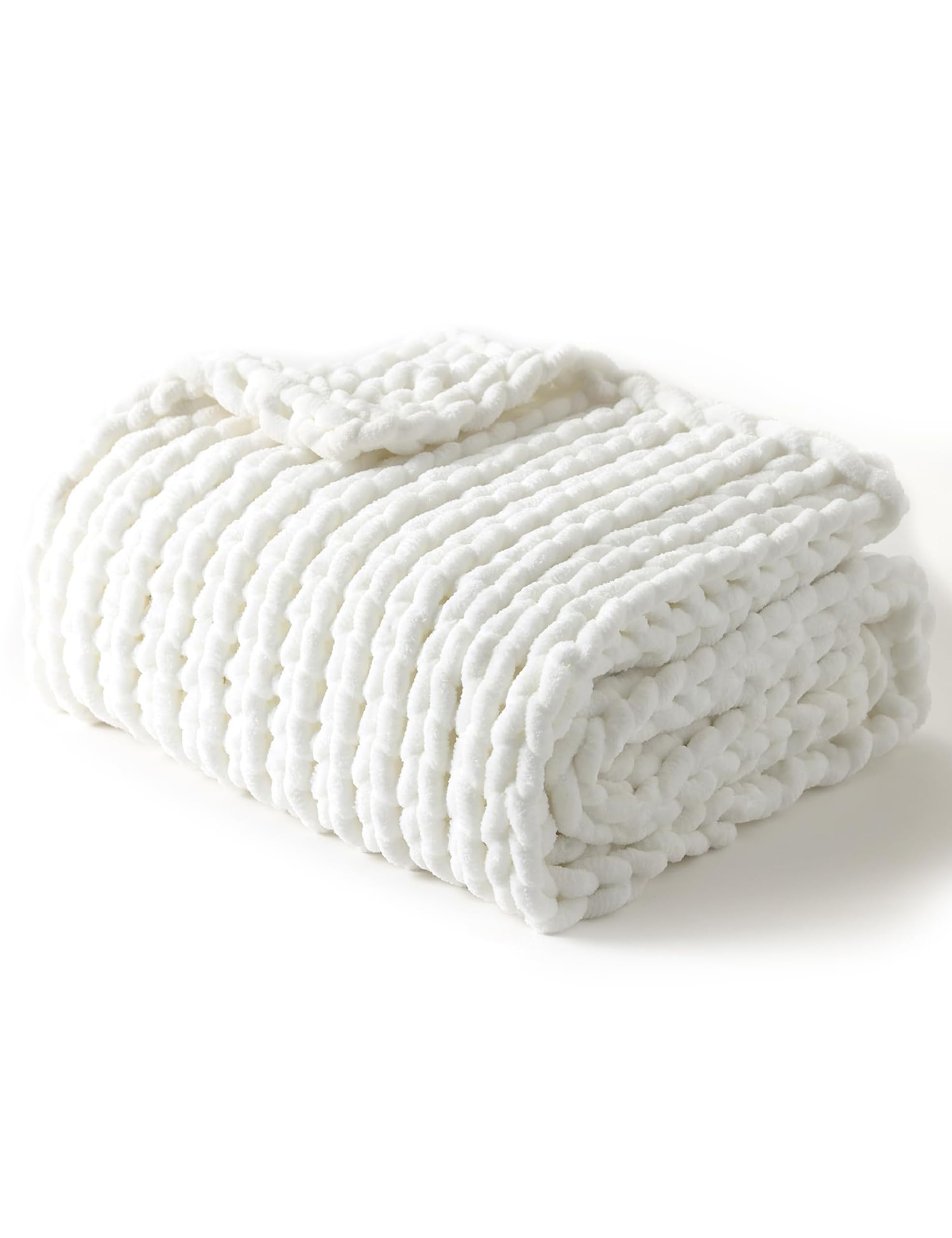 YnM Chunky Throw Blanket, Medium-Weight, Hand Knitted with Chenielle Yarn, Skin Friendly, Ventilated and Breathable, Machine Washable, Home Décor Piece for Couch, Sofa and Bed (White, 80x87 Inch) — image 1