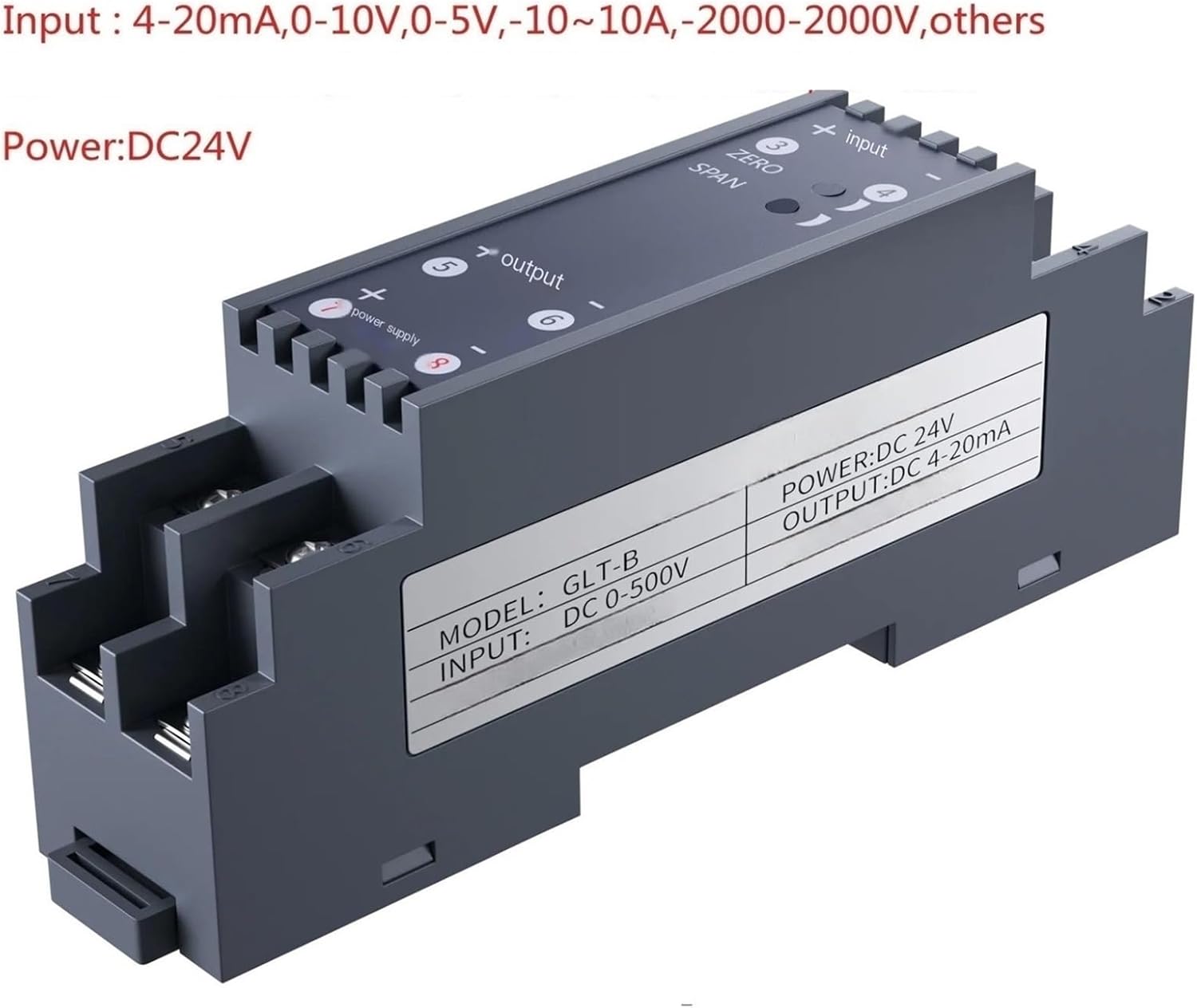 GLT-B DC Current Voltage Transducer 1A 5A Current Voltage Transducer 4-20mA Converter DC Analog Module(Input 0-5ADC,Output 0-5V)