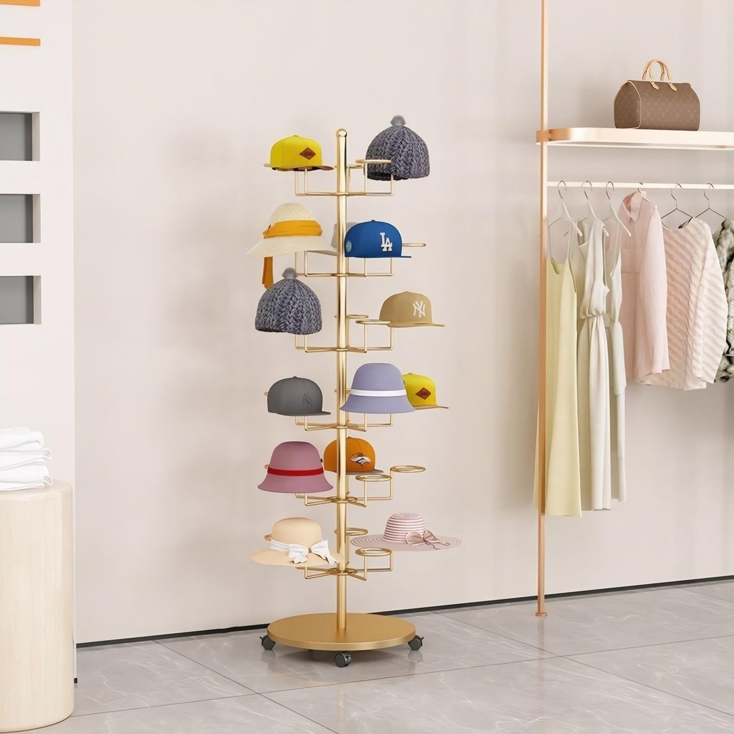6 Tier Hat Rack with 30 Hooks, Freestanding Hat Rack Stand, Metal Hat Organizer Rack, Rolling Retail Hat Display Rack for Home/Store(Gold,6 Tier)
