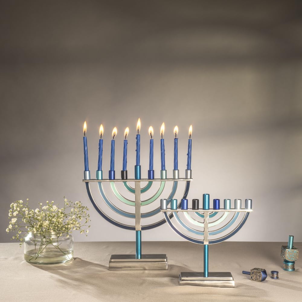 Menorah Hanoucca 9 Branches En Laiton Bleu Patiné - 35.6 Cm, Décoration Juive Authentique