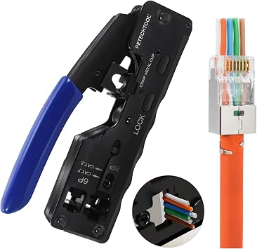 RJ45 Crimp Tool Ethernet Crimper for Cat7 Cat6A Cat5e Cat5 RJ45 Pass Through Connector and 6P Telephone Plug