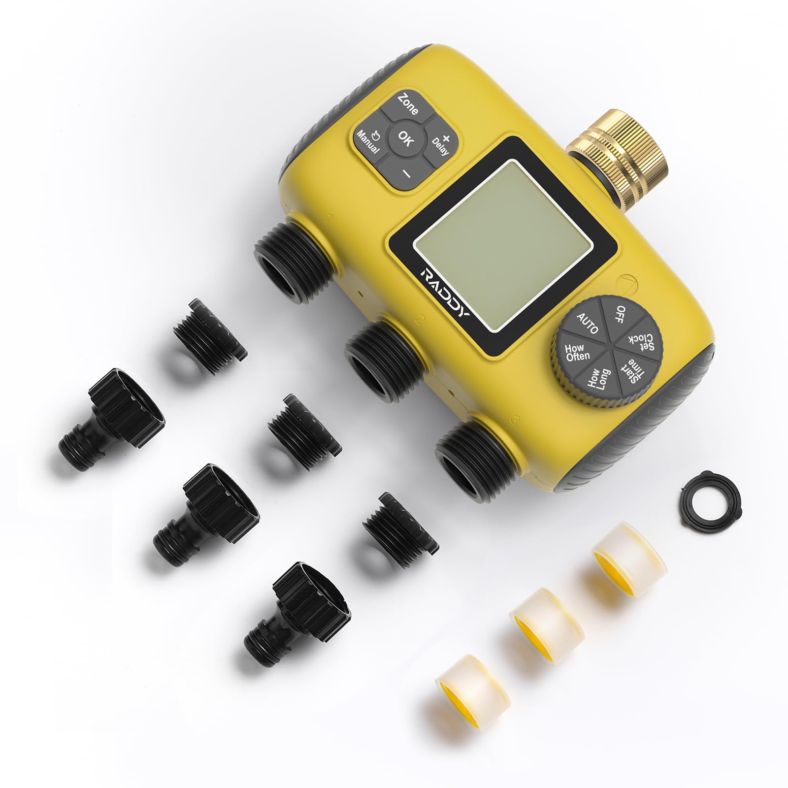 Raddy WS-8 Sprinkler Timer 3 Zone, Smart Water Time automatyczny zegar nawadniania z ręcznym podlewaniem, opóźnienie deszczu, duży wyświetlacz LCD, wodoodporność IPX5 do ogrodów, żółty