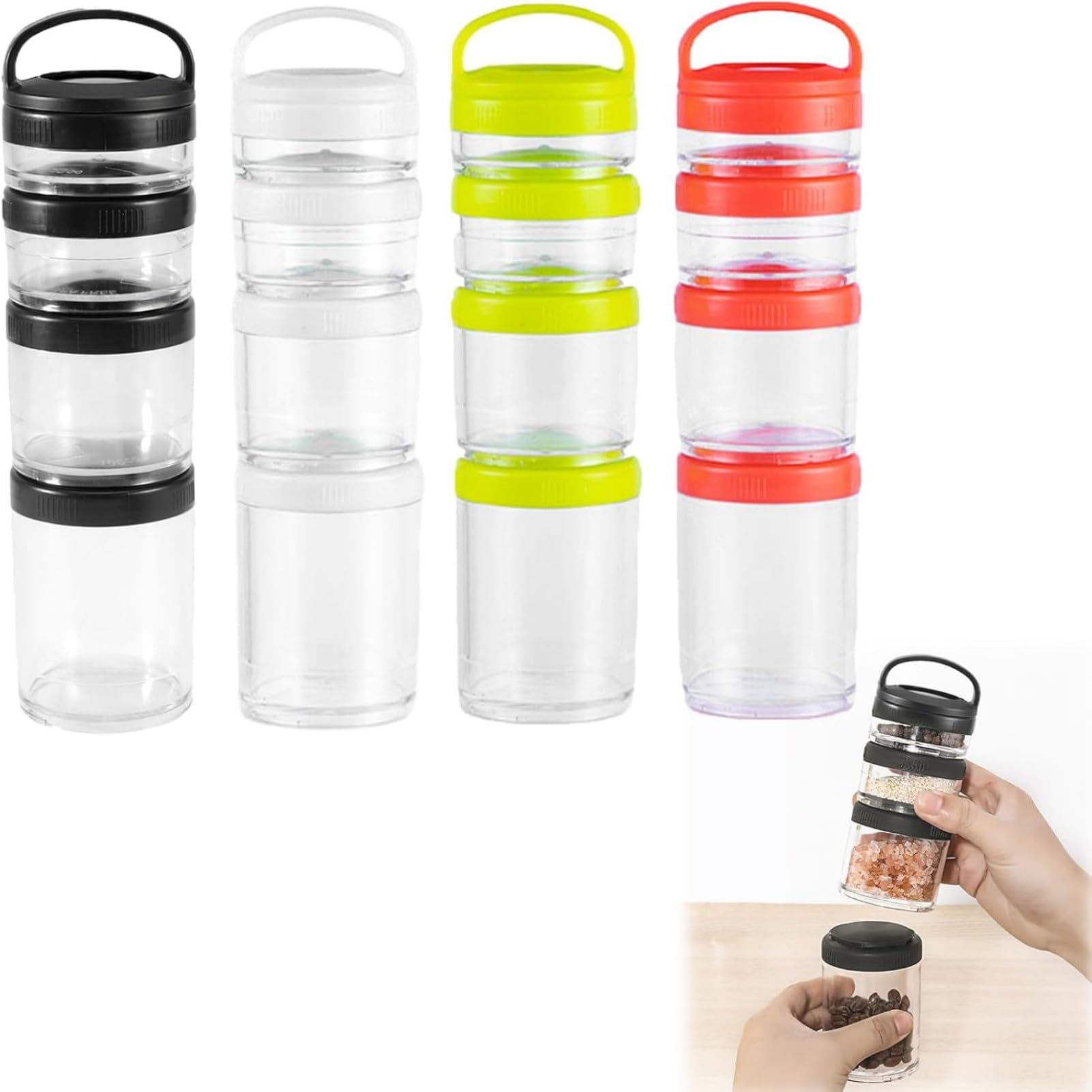 Portable Travel Stackable Snack Containers, 4 Jar - 40cc,60cc,100cc,150cc Scale Jar,Nut Box,Snack Storage Jars and Portion Control,Twist-Lock Food Storage Container with Lid(Random Color)