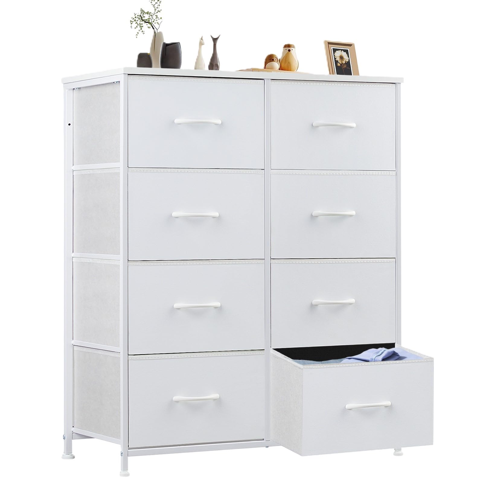 Sweetcrispy Dresser for Bedroom, Chest Organizer Unit with 8 Fabric Bins, Fabric Storage Tower, Drawer Organizer with Steel Frame, Wooden Top for