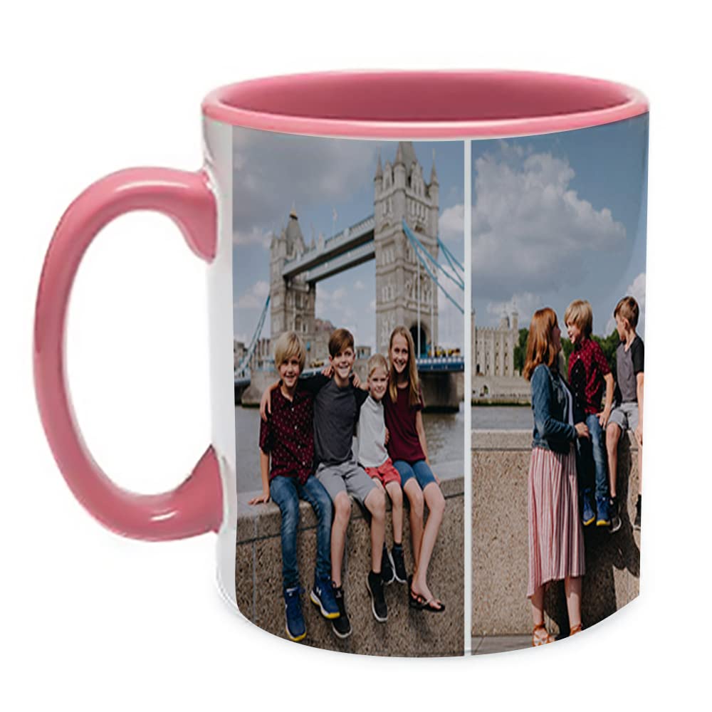 Personalised with Multi Photo Collage Mug Memorable Giftfor Family,Friends,Birthday,Any Occasion Coffee Tea 11oz Inside Coloured Ceramic Mug. (3 Photo, Pink)