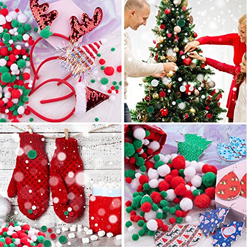 BQTQ 1500 Pieces Christmas Pom Pom Balls Mini Pom Pom for Craft Making and Christmas Decorations (4 Sizes, White, Green, Red)