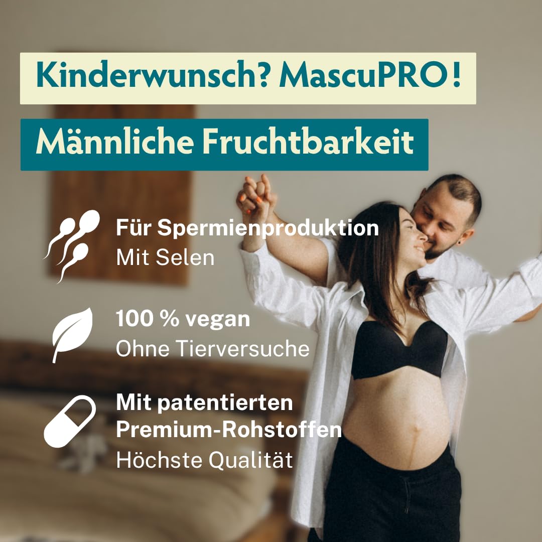 MascuPRO Fertilität | 18 Inhaltsstoffe | Fruchtbarkeit + Spermien | 60 vegane Kapseln | Zink, Selen, L-Carnitin, L- Arginin | Kinderwunsch Tabletten