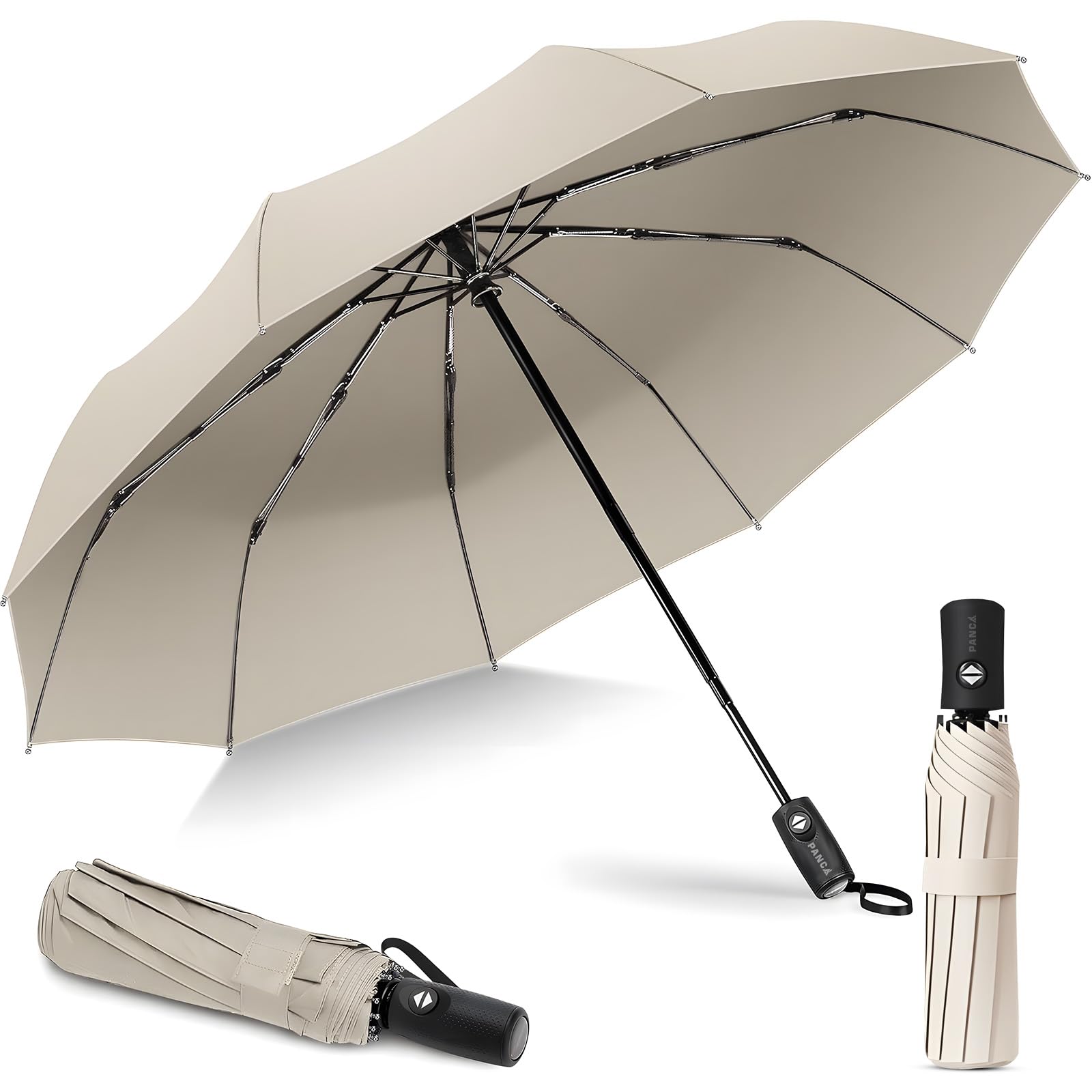 Windproof Travel Umbrella with Automatic Open & Close – Large Size for Men & Women | Heavy Duty Rain with 8 Reinforced Ribs | Compact Folding for Girls, Boys, Office, Travel (Beige)