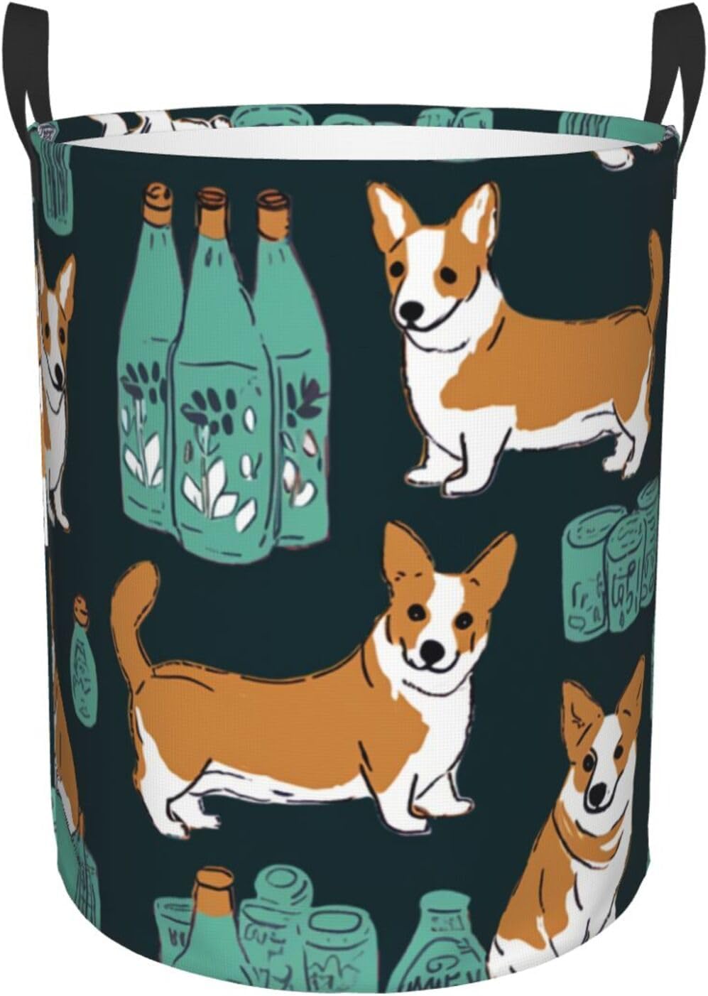 Cute Dogs print Circular Hamper Waterproof Storage Bin Organizer Basket Laundry Hamper With Handles For Clothes Toys Medium
