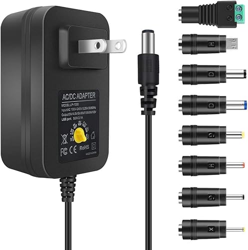 inShareplus - Adaptador universal de 30 W fuente de alimentación de conmutación regulada adaptador multivoltaje con 8 enchufes adaptables 3 V a 12 V