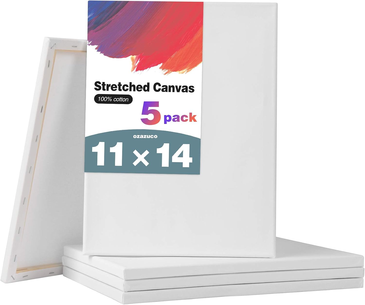 Ozazuco Stretched Canvas for Painting- 11x14 Inch, Pack of 5,White Blank Canvas, 100% Cotton,Primed,for Art Supplies for Acrylics, Oil Painting, DIY Wall Décor