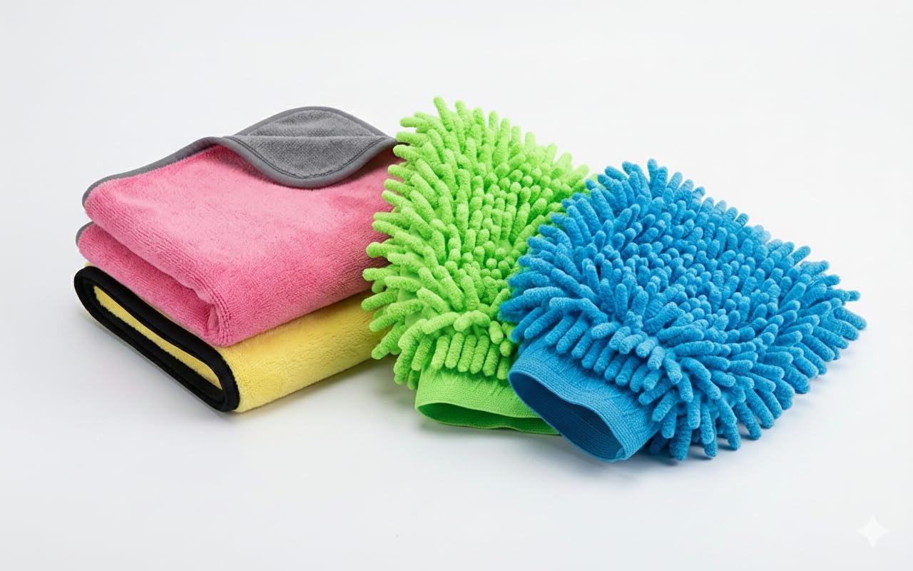 Multipurpose 4 in 1 Combo Cleaning Kit Dust Cloth Towel Glove for All Vehicles Bike Car Glass Kitchen, 2-500GSM Towel + 2 Microfiber Gloves (Multicolour)-image-47