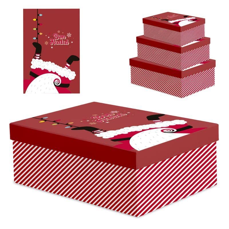 ROCKING GIFTS Set de 3 Cajas de Cartón Decorativas Navidad, Mensaje Bon Nadal Catalán, Embalaje Navideño Papá Noel, Decoración Habitación Infantil, Salón, Almacen