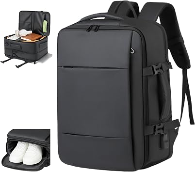 17 Inch Expandable Laptop Travel Backpack for Business Work College, 35L Carry On Backpack Airline Approved Laptop Bag Water Resistant with USB Charging Port, Shoe Compartment and Wet Pocket Black